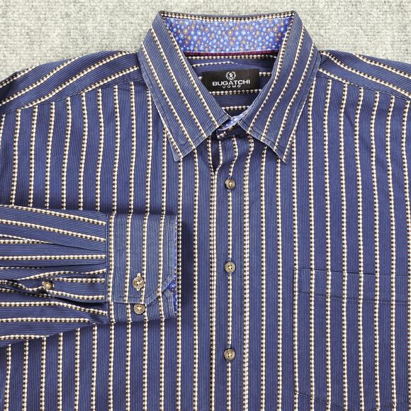 Bugatchi Uomo Shirt Mens 2XL Blue Brown Striped Long Sleeve Button Up Preppy - Picture 1 of 16
